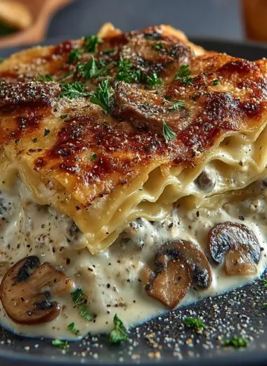 lice of Mushroom Chicken Alfredo Lasagna on a plate with parsley garnish
