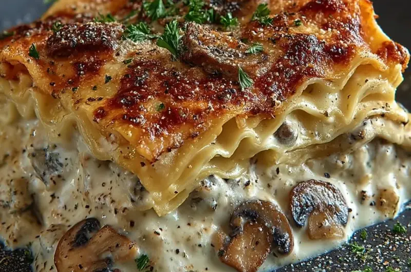 lice of Mushroom Chicken Alfredo Lasagna on a plate with parsley garnish