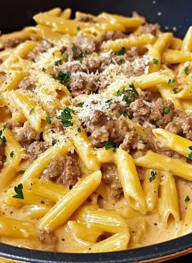 One-Pot Creamy Beef and Garlic Butter Pasta dish served in a bowl