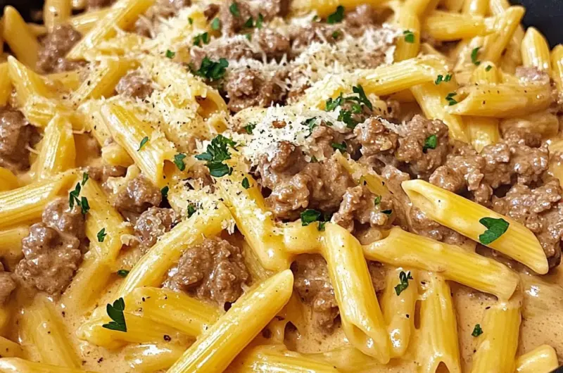 One-Pot Creamy Beef and Garlic Butter Pasta dish served in a bowl