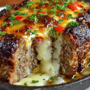 Philly Cheesesteak Meatloaf served with cheesy toppings and fresh ingredients