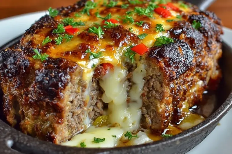 Philly Cheesesteak Meatloaf served with cheesy toppings and fresh ingredients