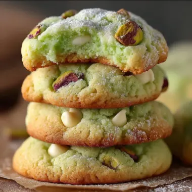 Stack of Pistachio Pudding Cookies with chopped nuts and white chocolate chips