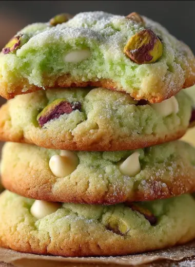Stack of Pistachio Pudding Cookies with chopped nuts and white chocolate chips