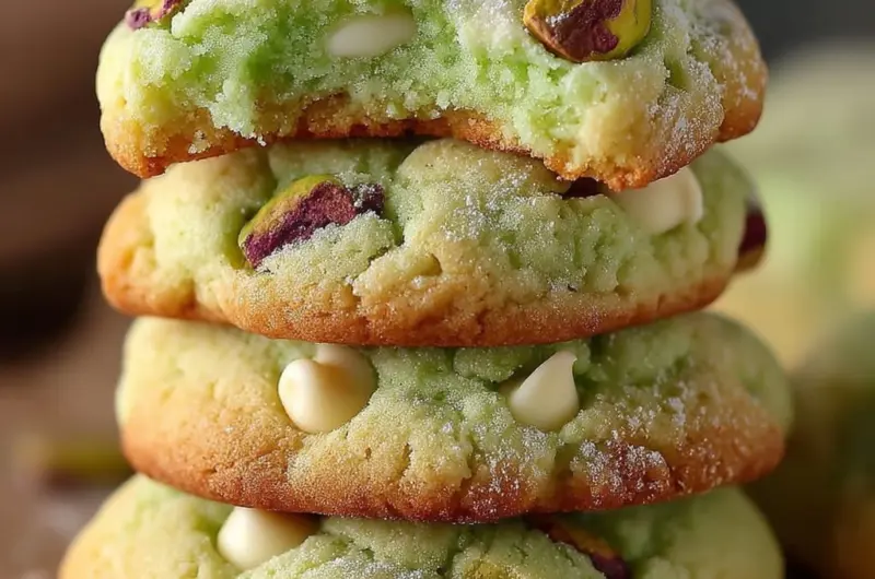 Stack of Pistachio Pudding Cookies with chopped nuts and white chocolate chips