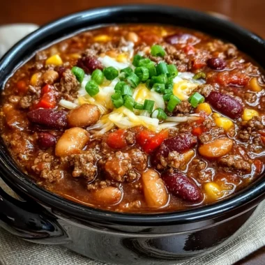 Bowl of cowboy beans with ground beef and beans, topped with cheese and herbs