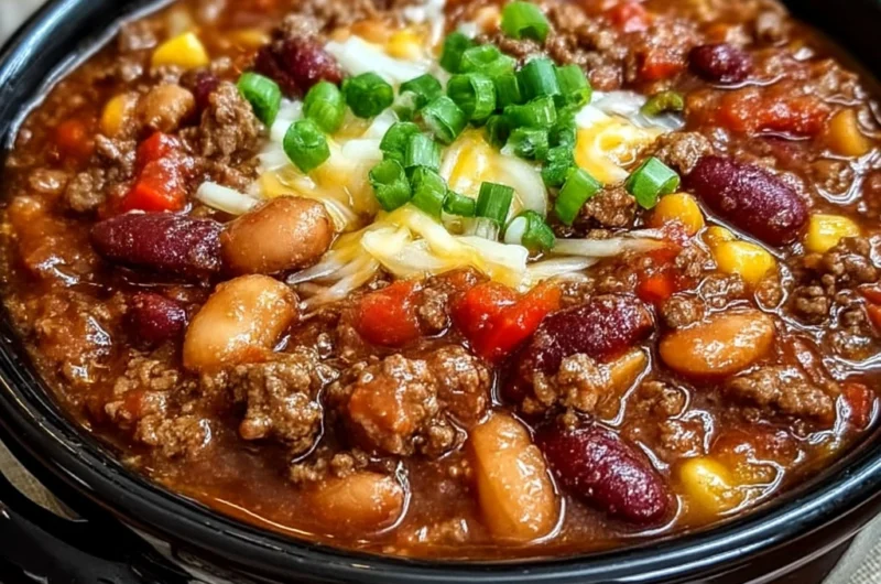 Bowl of cowboy beans with ground beef and beans, topped with cheese and herbs