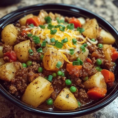 Bowl of creamy hamburger hash with ground beef, potatoes, and peas garnished with herbs