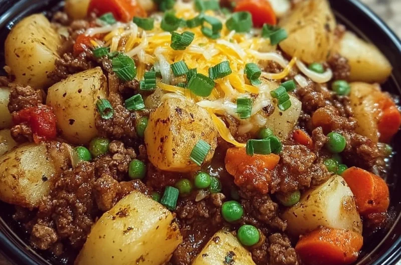 Bowl of creamy hamburger hash with ground beef, potatoes, and peas garnished with herbs