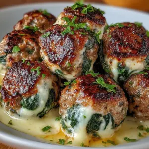 Plate of Spinach Garlic Meatballs with mozzarella oozing and marinara sauce
