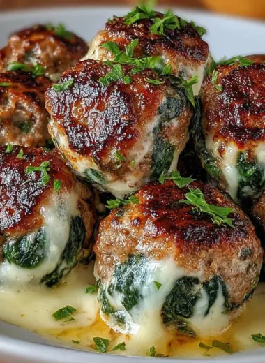 Plate of Spinach Garlic Meatballs with mozzarella oozing and marinara sauce