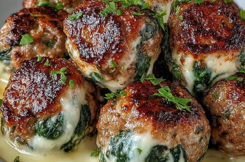 Plate of Spinach Garlic Meatballs with mozzarella oozing and marinara sauce