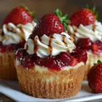 Strawberry Cheesecake Cupcakes topped with whipped cream and fresh strawberries