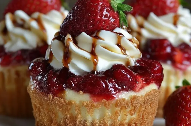 Strawberry Cheesecake Cupcakes topped with whipped cream and fresh strawberries