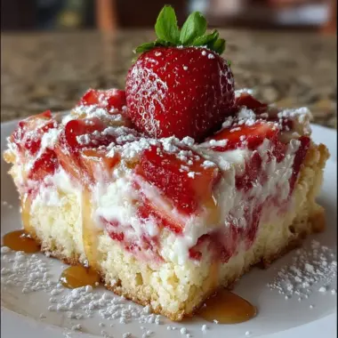 Strawberry Earthquake Cake with cracked top and cream cheese swirls in a 9x13 baking dish