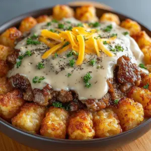Tater Tot Breakfast Bowl topped with sausage gravy and fried egg