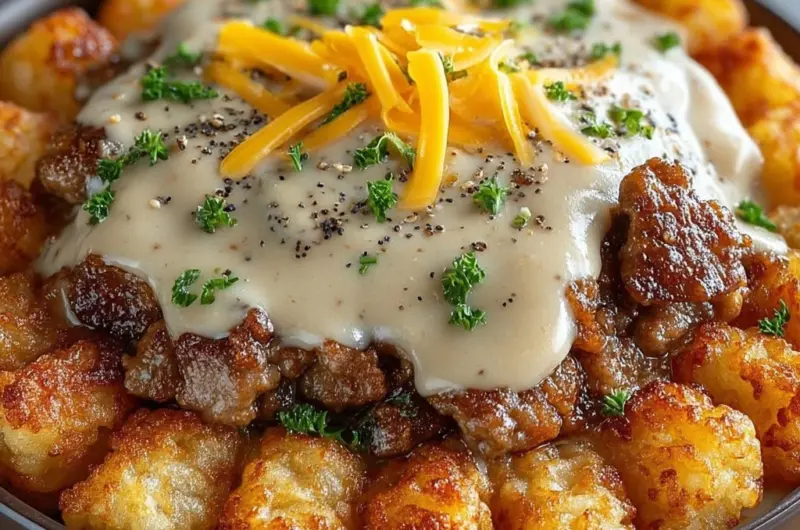 Tater Tot Breakfast Bowl topped with sausage gravy and fried egg