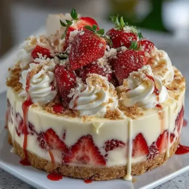 Slice of White Chocolate Strawberry Cheesecake with strawberry topping and drizzle