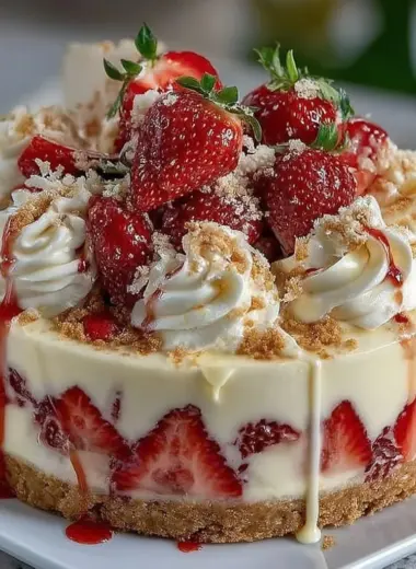 Slice of White Chocolate Strawberry Cheesecake with strawberry topping and drizzle