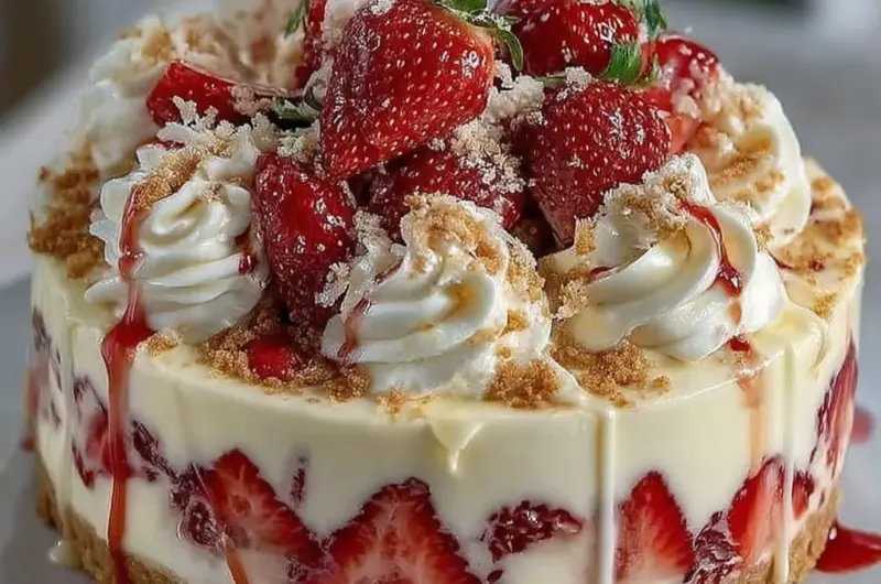 Slice of White Chocolate Strawberry Cheesecake with strawberry topping and drizzle