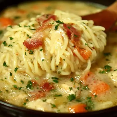 Bowl of Crack Chicken Noodle Soup garnished with herbs