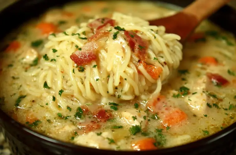 Bowl of Crack Chicken Noodle Soup garnished with herbs