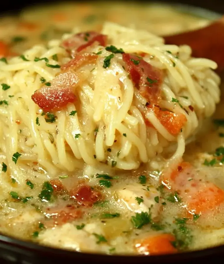 Bowl of Crack Chicken Noodle Soup garnished with herbs