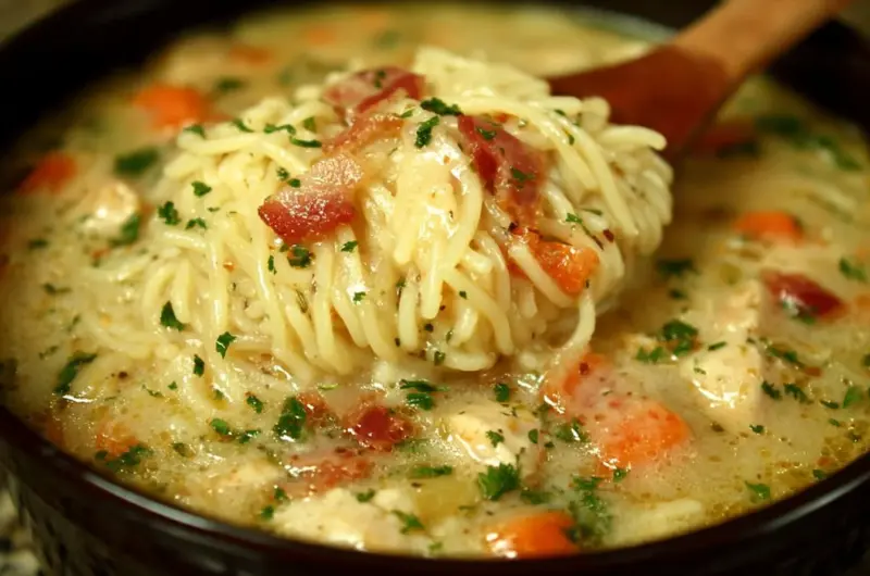 Bowl of Crack Chicken Noodle Soup garnished with herbs
