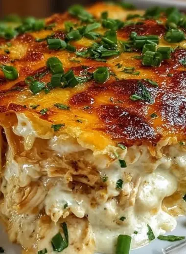 Sour Cream Chicken Enchilada Casserole served in a dish
