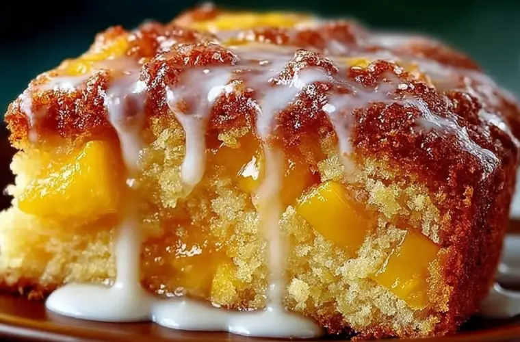 Delicious summer peach cake with fresh peaches and whipped cream