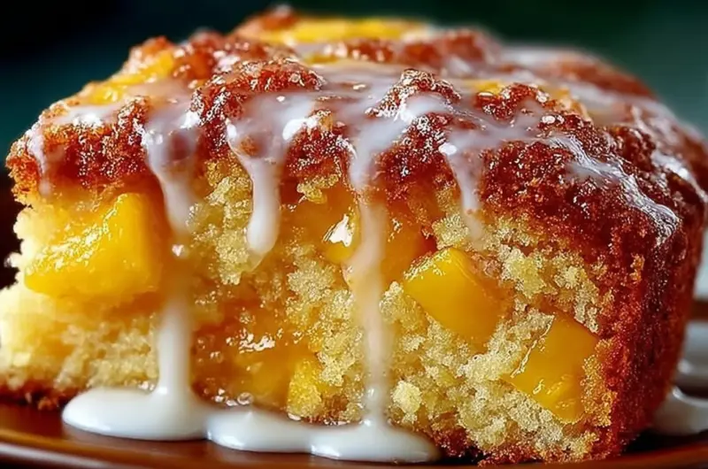 Delicious summer peach cake with fresh peaches and whipped cream