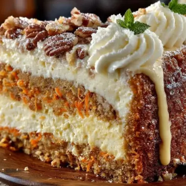 Delicious carrot cake cheesecake topped with cream cheese frosting and spices