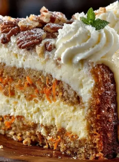 Delicious carrot cake cheesecake topped with cream cheese frosting and spices