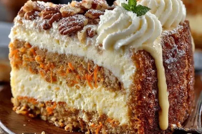 Delicious carrot cake cheesecake topped with cream cheese frosting and spices