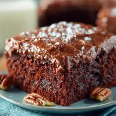 Chocolate Buttermilk Cake topped with rich frosting on a decorative plate