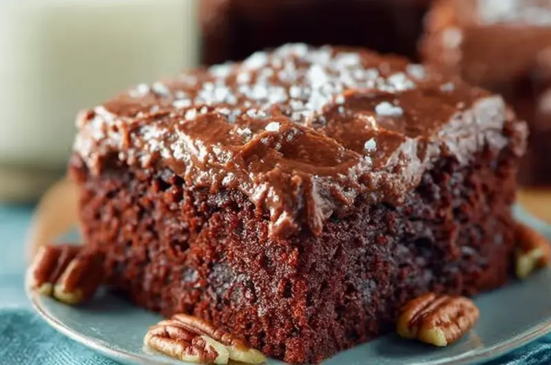Chocolate Buttermilk Cake topped with rich frosting on a decorative plate