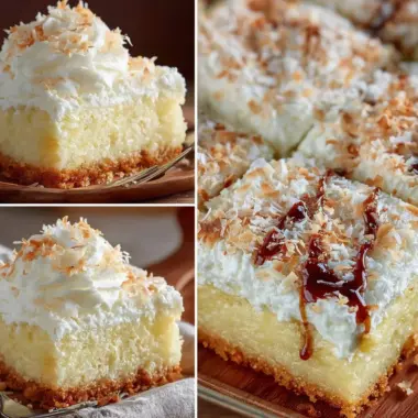 Delicious coconut cream bars ready to be served as a tropical dessert