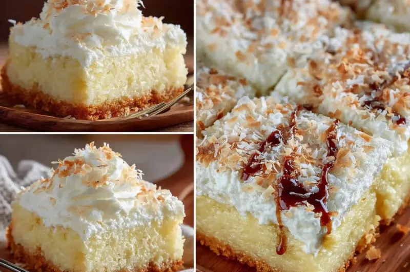 Delicious coconut cream bars ready to be served as a tropical dessert