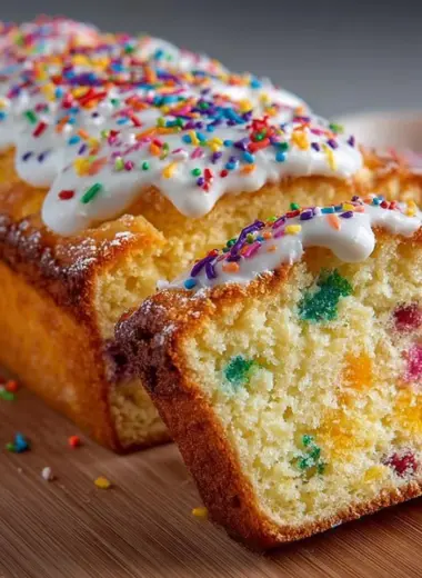 Delicious homemade ice cream bread with colorful swirls and toppings
