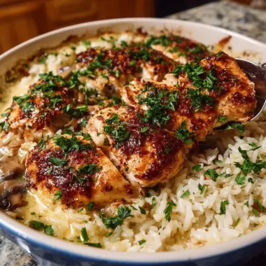 No Peek Chicken dish prepared in a casserole with rice and vegetables.