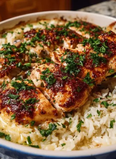 No Peek Chicken dish prepared in a casserole with rice and vegetables.
