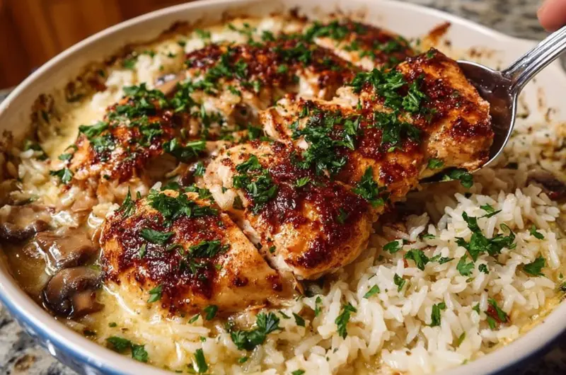 No Peek Chicken dish prepared in a casserole with rice and vegetables.