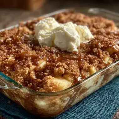 Delicious old fashioned apple crisp topped with a crumbly oat topping