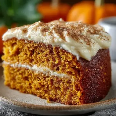 Slice of Pumpkin Cake topped with Cinnamon Cream Cheese Frosting on a plate