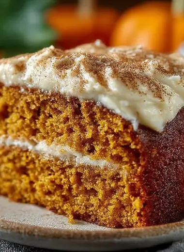 Slice of Pumpkin Cake topped with Cinnamon Cream Cheese Frosting on a plate