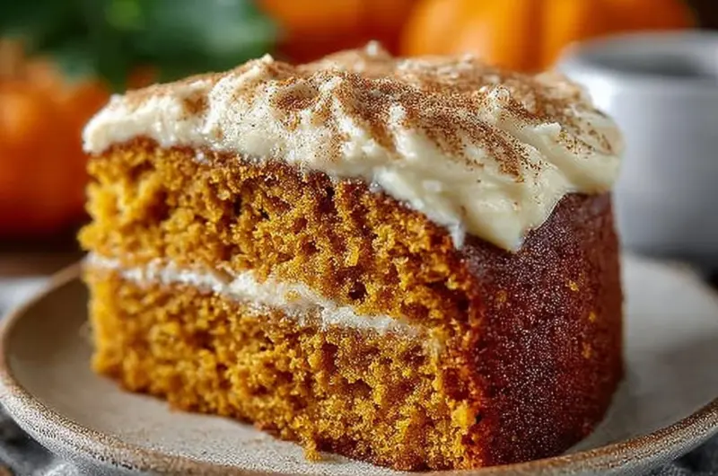 Slice of Pumpkin Cake topped with Cinnamon Cream Cheese Frosting on a plate