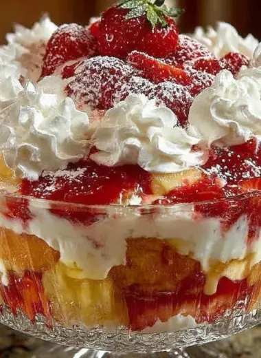 Delicious Southern Strawberry Pineapple Punch Bowl Cake served in a punch bowl.