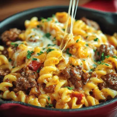 Delicious 15-minute beefy noodle skillet on a plate with fresh vegetables.