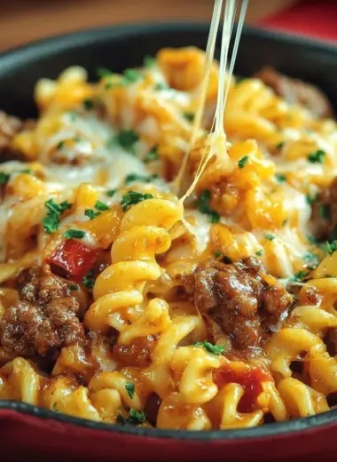 Delicious 15-minute beefy noodle skillet on a plate with fresh vegetables.