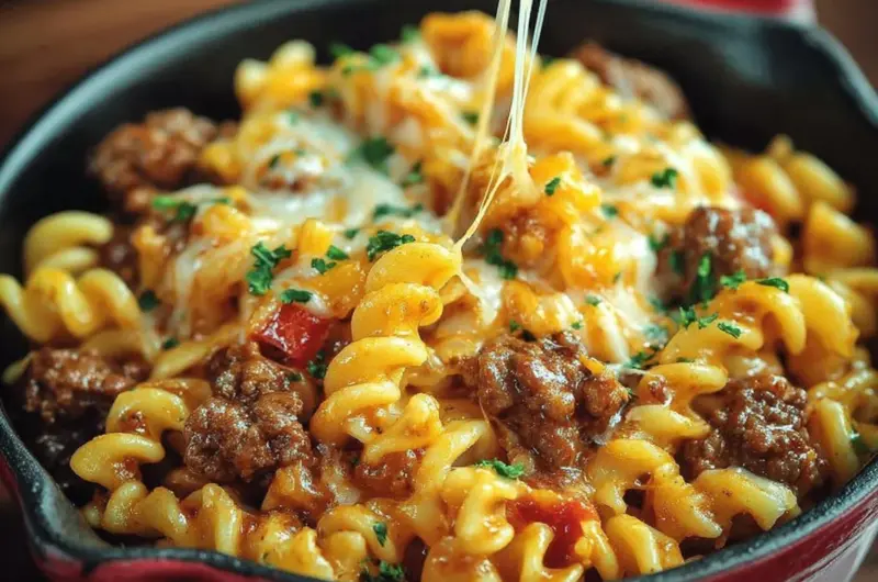 Delicious 15-minute beefy noodle skillet on a plate with fresh vegetables.